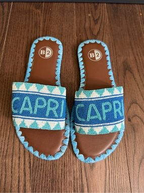 Capri Beaded Slide Sandals in Turquoise and Blue
